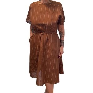 Rust Pinstripe Belted Midi Dress